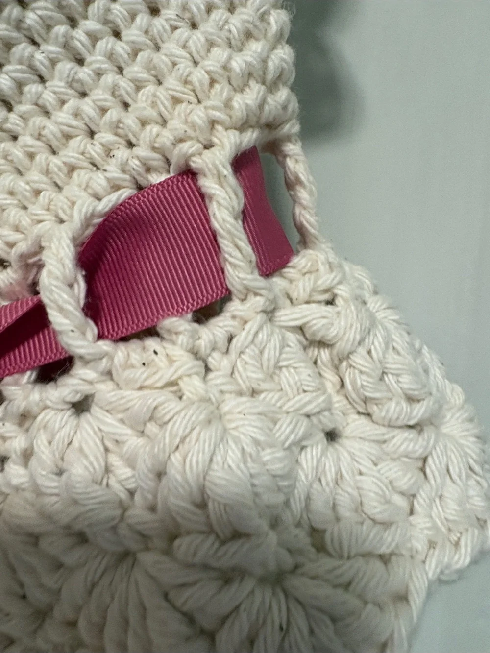 Cream Crochet Sun Hat with Pink Ribbon
